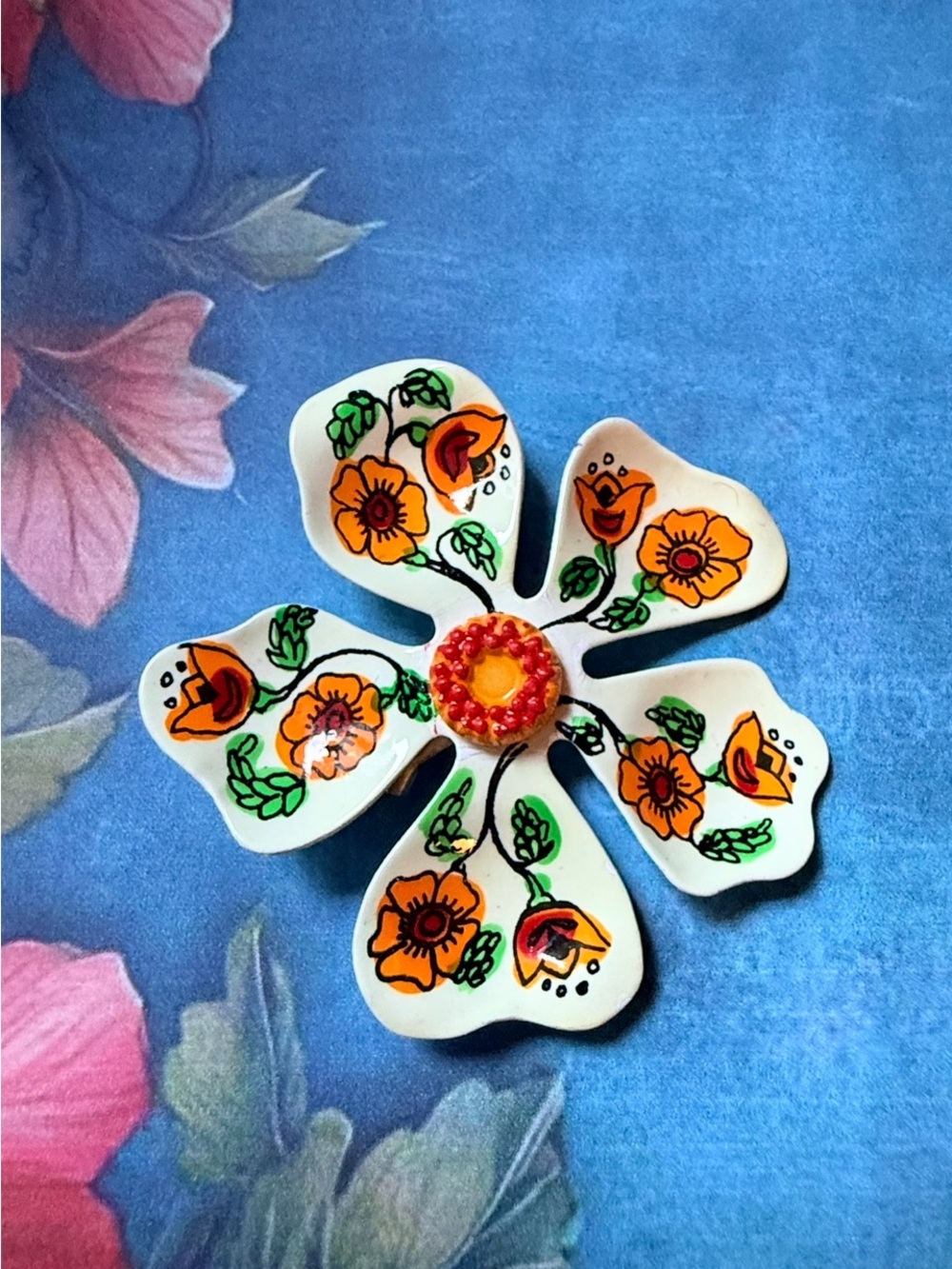 Hand-Painted Floral Enamel Brooch. Orange